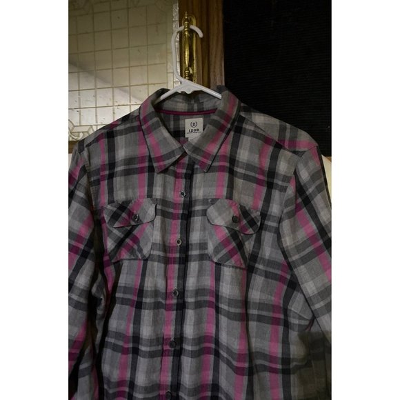 Izod Mens Plaid Button Up Shirt XL Long Sleeve Cotton Pockets Gray Pink Vintage - Picture 2 of 4